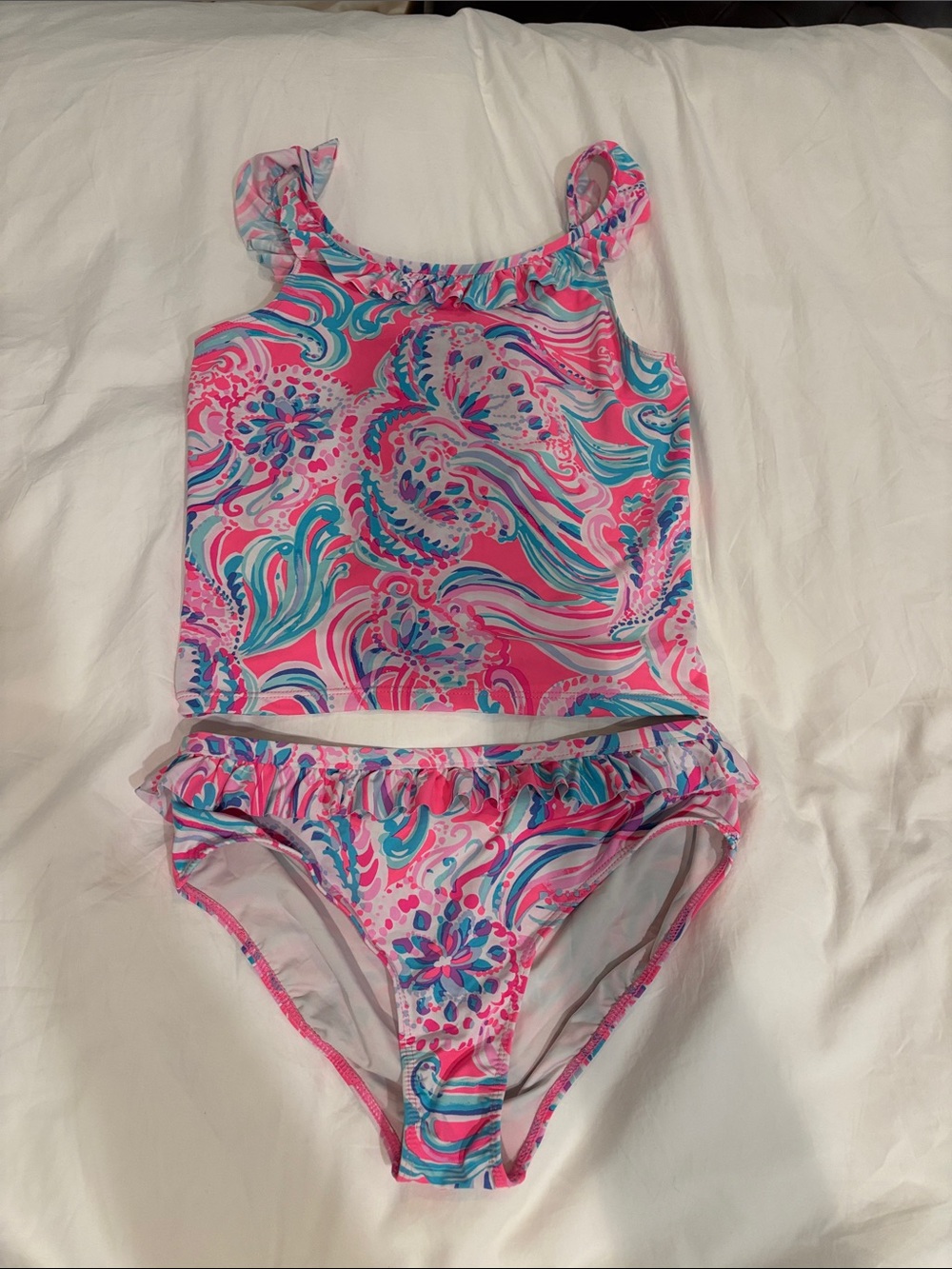 Lilly Pulitzer Pink Swirl Ruffle Tankini with Teal & Purple Accents